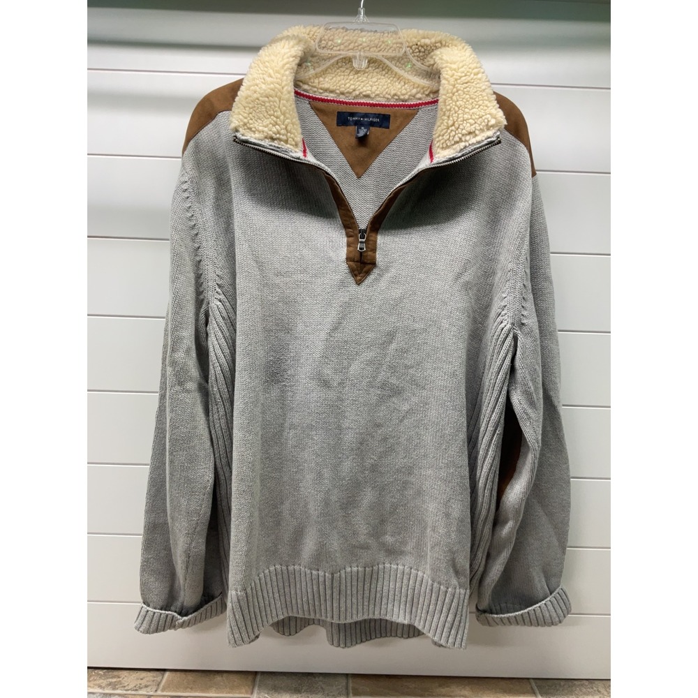 Tommy Hilfiger Mens XL Gray Quarter Zip Sweater Sherpa Collar Suede Elbow Patch